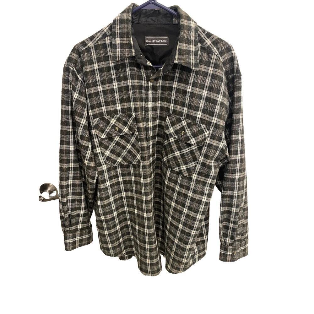 David Taylor Flannel Shirt Men’s Large Black Gray And White Plaid